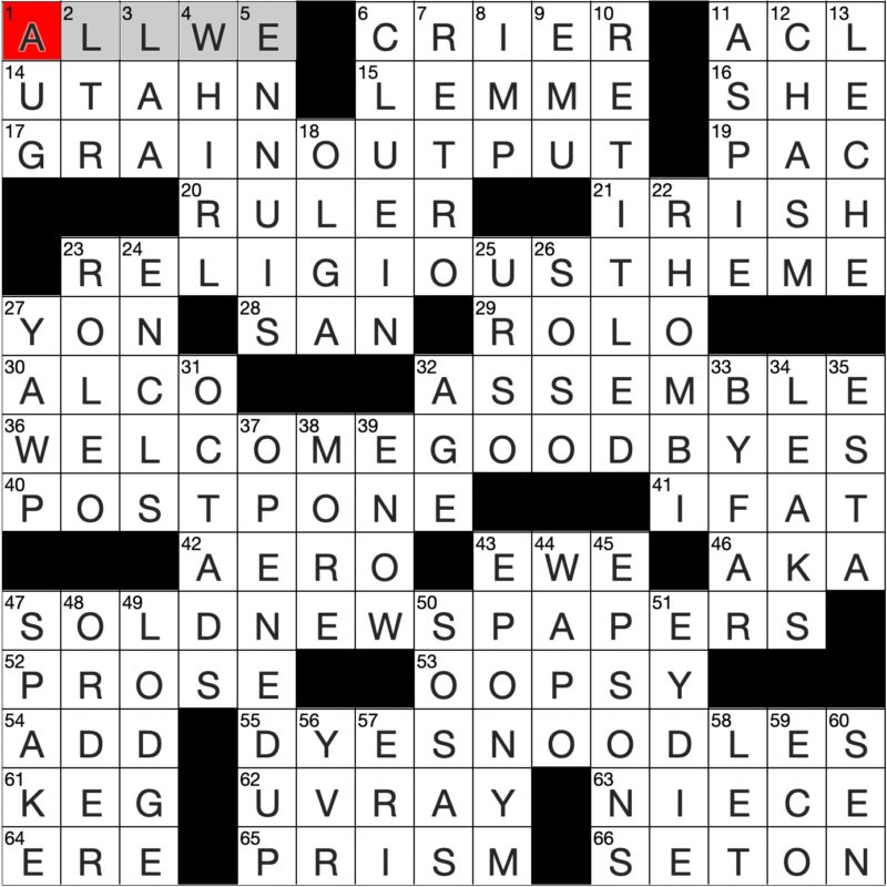 Filled in crossword grid for ClassiCanadian Crosswords 29 January 2025